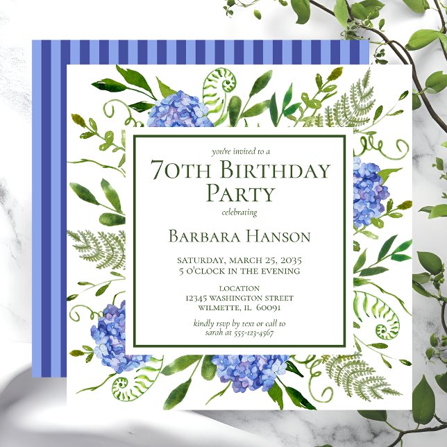 70th Birthday Blue Hydrangeas Invitation (Creator Uploaded)