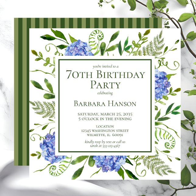 70th Birthday Blue Hydrangeas Invitation (Creator Uploaded)