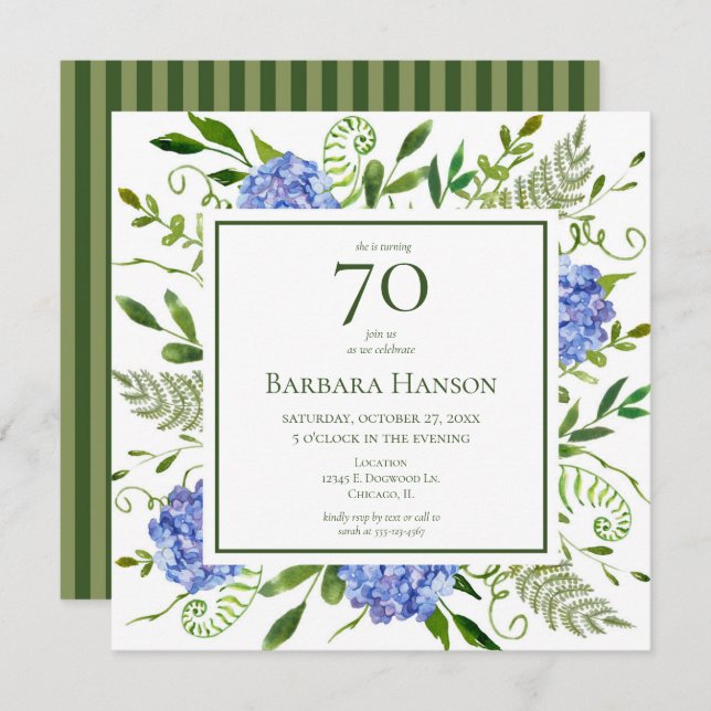 70th Birthday Blue Hydrangeas Invitation (Front/Back)