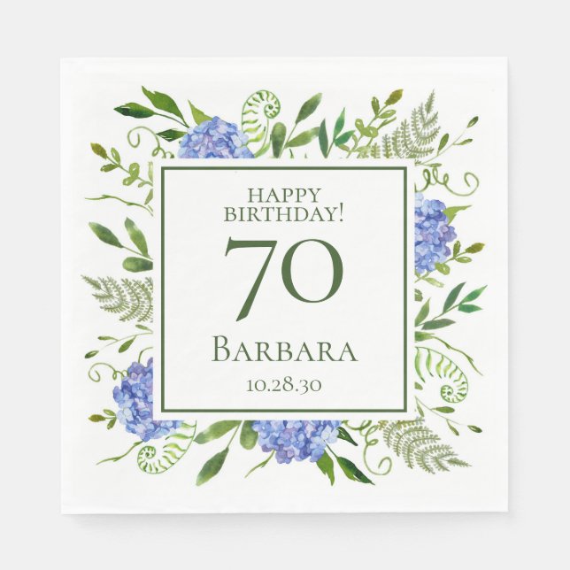 70th Birthday Blue Hydrangeas Napkin (Front)