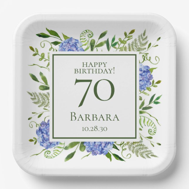 70th Birthday Blue Hydrangeas Paper Plate (Front)
