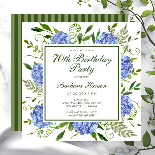 70th Birthday Blue Hydrangeas Script Invitation