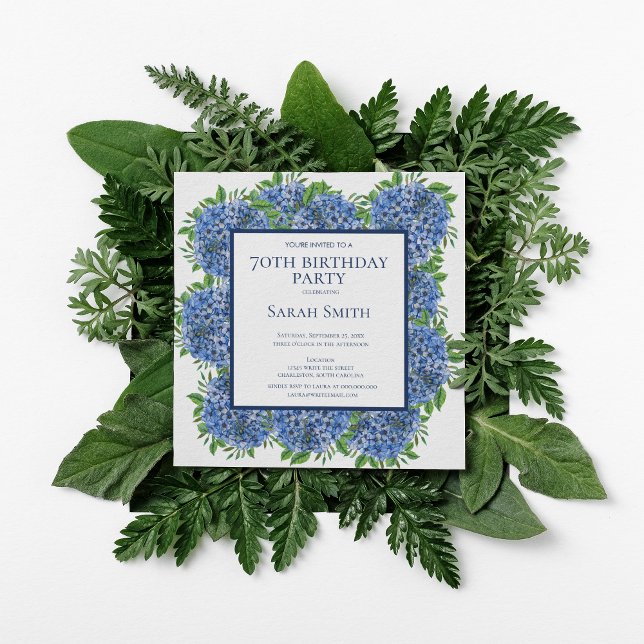70th Birthday Blue Hydrangeas Watercolor Party Inv Invitation (Creator Uploaded)