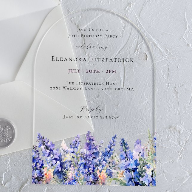 70th Birthday Blue Larkspur July Birth Flower Arch Acrylic Invitations (Creator Uploaded)
