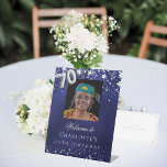 70th Birthday blue silver stars photo welcome Pedestal Sign<br><div class="desc">A welcome sign for a 70th birthday party.  A navy blue background with elegant faux silver stars. The blue colour is uneven.  Personalise and add a photo,  name and text.  White letters. 
Back: no design</div>