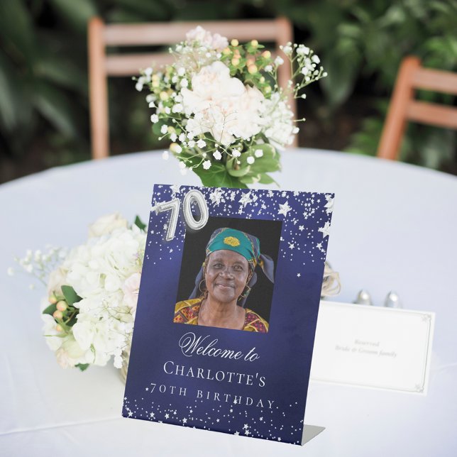 70th Birthday blue silver stars photo welcome Pedestal Sign (Creator Uploaded)