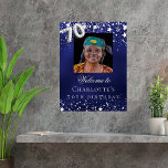 70th Birthday blue silver stars photo welcome Poster<br><div class="desc">A welcome poster for a 70th birthday party.  A navy blue background with elegant faux silver stars. The blue colour is uneven.  Personalise and add a photo,  name and text.  White letters.</div>