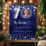 70th Birthday blue silver stars photo welcome Poster<br><div class="desc">A welcome poster for a 70th birthday party.  A navy blue background with elegant faux silver stars. The blue colour is uneven.  Personalise and add a photo,  name and text.  White letters.</div>