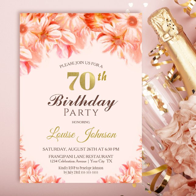 70th Birthday Blush Pink Gold Floral Party Invitation (Creator Uploaded)