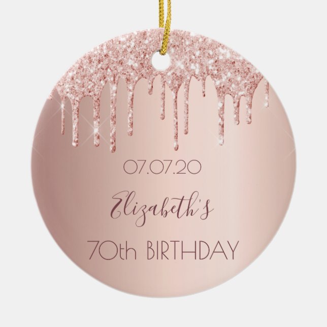 70th birthday blush rose gold glitter drips name ceramic tree decoration (Front)