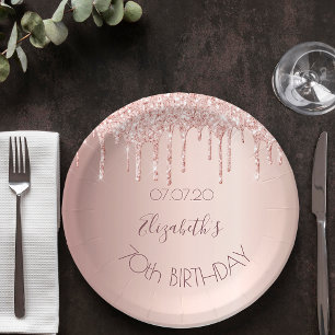 70th birthday blush rose gold glitter drips name paper plate