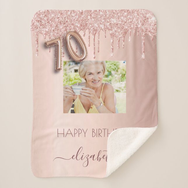 70th birthday blush rose gold glitter photo  sherpa blanket (Front)