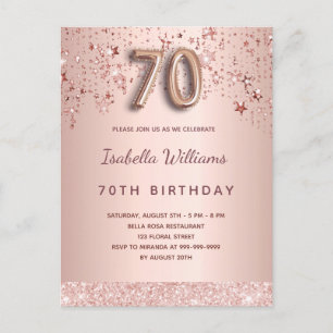 70th birthday blush rose gold stars balloon script postcard