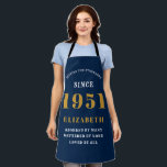 70th Birthday Born 1951 Blue Gold Lady's Apron<br><div class="desc">A personalised classic blue apron design for that birthday celebration for somebody born in 1951 and turning 70. Add the name to this vintage retro style white and gold design for a custom 70 birthday gift. Easily edit the name and year with the template provided. A wonderful custom birthday gift....</div>