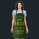 70th Birthday Born 1951 Green Gold Lady's Apron<br><div class="desc">A personalised classic green apron design for that birthday celebration for somebody born in 1951 and turning 70. Add the name to this vintage retro style white and gold design for a custom 70 birthday gift. Easily edit the name and year with the template provided. A wonderful custom birthday gift....</div>