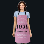 70th Birthday Born 1951 Pink Black Lady's Apron<br><div class="desc">A personalised classic pink apron design for that birthday celebration for somebody born in 1951 and turning 70. Add the name to this vintage retro style pink, white and black design for a custom 70 birthday gift. Easily edit the name and year with the template provided. A wonderful custom birthday...</div>