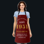 70th Birthday Born 1951 Red Gold Lady's Apron<br><div class="desc">A personalised classic red apron design for that birthday celebration for somebody born in 1951 and turning 70. Add the name to this vintage retro style white and gold design for a custom 70 birthday gift. Easily edit the name and year with the template provided. A wonderful custom birthday gift....</div>