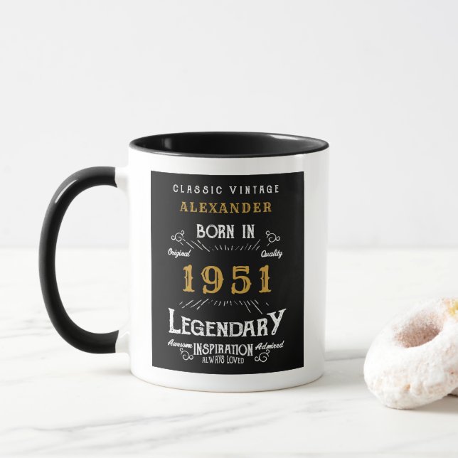 70th Birthday Born 1951 Retro Black Personalised Mug (With Donut)