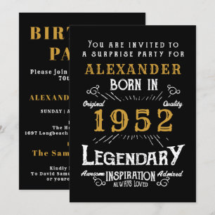 70th Birthday Born 1952 Black Gold Retro Invitation
