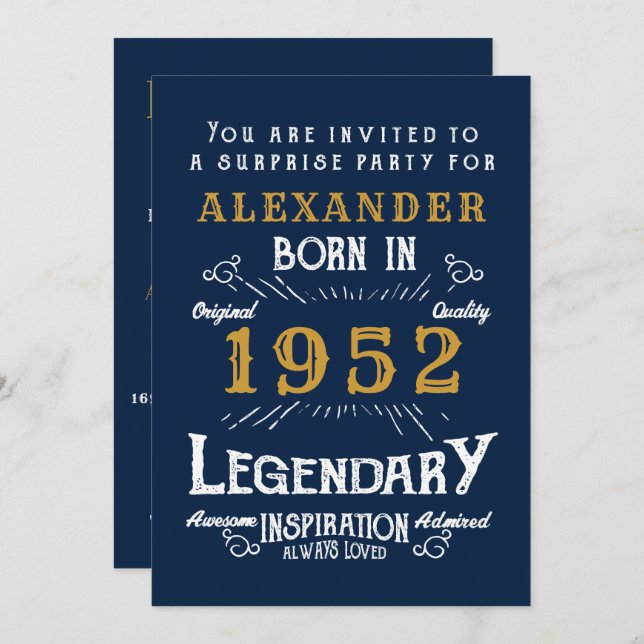 70th Birthday Born 1952 Blue Gold Retro Invitation (Front/Back)