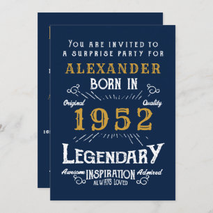 70th Birthday Born 1952 Blue Gold Retro Invitation