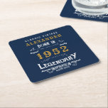 70th Birthday Born 1952 Vintage Blue Gold Square Paper Coaster<br><div class="desc">A personalised classic paper coaster design for that birthday celebration. Add the name to this vintage retro style blue, white and gold design for a custom birthday gift. Easily edit the name and year with the template provided. A wonderful custom birthday gift. More gifts and party supplies for that party...</div>