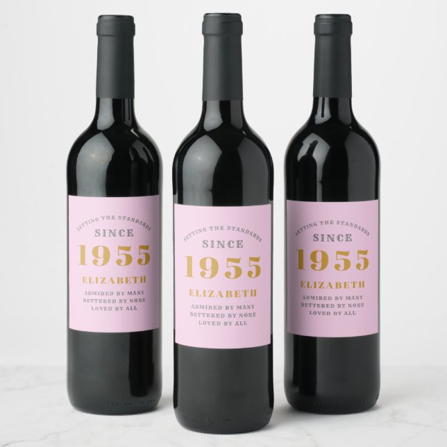 70th Birthday Born 1955 Add Name Pink Grey Wine Label (Bottles)