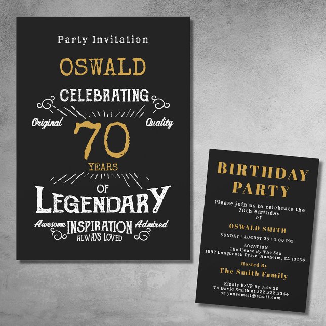 70th Birthday Born Legendary Black Gold Retro Invitation (For those celebrating their 70th birthday we have the ideal birthday party invitation)