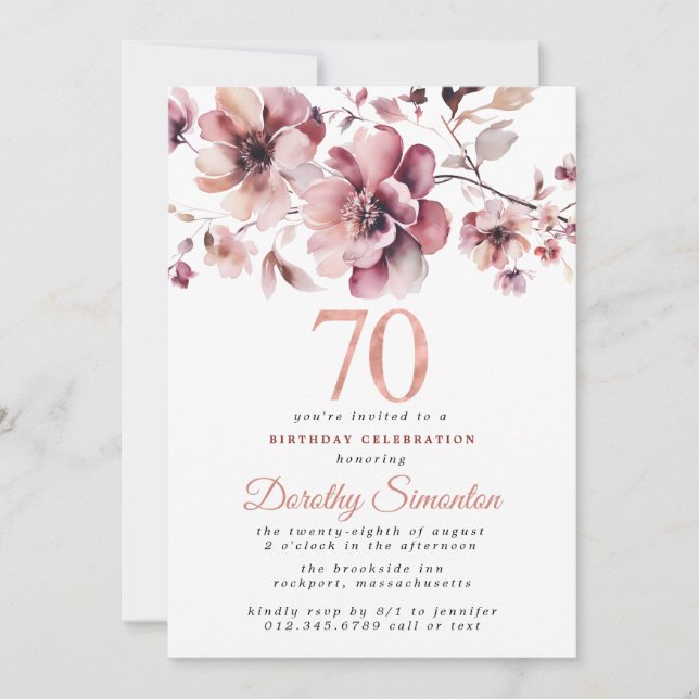 70th Birthday Burgundy Dusty Blush Pink Floral Invitation (Front)