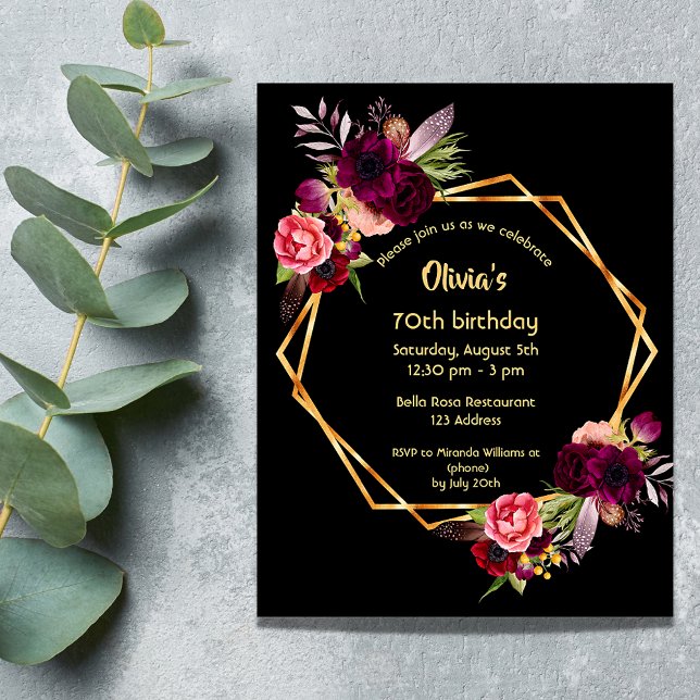 70th birthday burgundy floral gold geometric black invitation (Creator Uploaded)