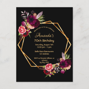 70th birthday burgundy floral gold geometric black postcard