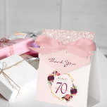 70th Birthday burgundy florals rose gold glitter Favour Box<br><div class="desc">Elegant and glamourous for a 70th birthday party. On front flap: burgundy letters and the text: Thank You. Front and back: A rose gold gradient background with a faux gold geometric frame. Decorated with dark purple and burgundy flowers, roses and boho style feathers and rose gold faux glitter drips, paint...</div>
