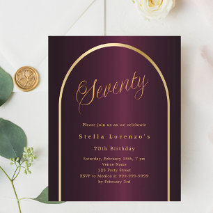 70th birthday burgundy gold arch script invitation