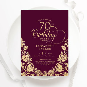 70th Birthday Burgundy Gold Roses Invitation