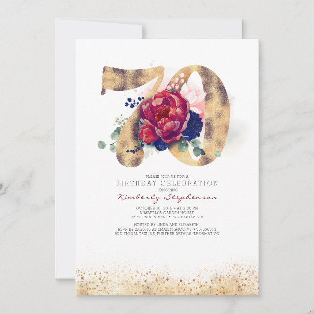 70th Birthday Burgundy Red and Navy Blue Invitation (Front)