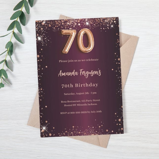 70th birthday burgundy rose gold invitation (Creator Uploaded)