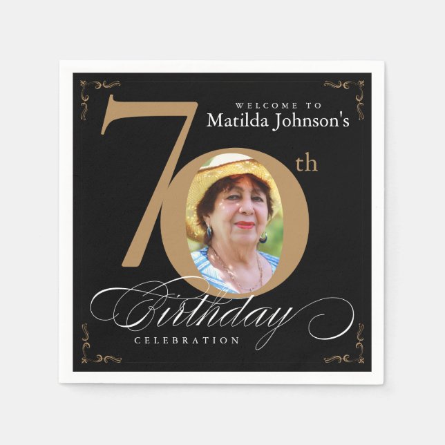 70th Birthday Calligraphy Elegant Black Gold Photo Napkin (Front)