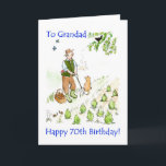 70th Birthday Card for a Grandfather<br><div class="desc">A 70th Birthday card for a grandfather with a man enjoying listening to the birdsong whilst tending the vegetable patch. The cat looks on and butterflies have come out in the sunshine,  from a watercolour painting by Judy Adamson. (Other ages and family members available on request.)</div>