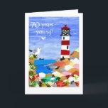 70th Birthday Card - Lighthouse<br><div class="desc">A 70th Birthday Card with a lighthouse,  from a handpainted paper collage by Judy Adamson. If you would like the front text changed,  please contact me through my store and feel free to edit or delete the inside greeting yourself.</div>