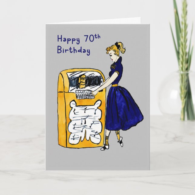 70th Birthday Card Retro Juke Box & Lady (Front)