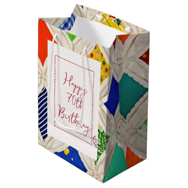 70th Birthday Cathedral Window Quilt Medium Gift Bag (Front Angled)