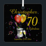 70th Birthday Celebration Black Metal Tree Decoration<br><div class="desc">A stylish 70th birthday ornament, with sparkling wine bucket glasses , age balloons and confetti all on a black background with gold coloured text. Makes a fabulous gift or party memento. Perfect for milestone birthdays such as 40th, 50th 60th 70th 80th 90th and 100th. Personalise with a name/age/ date of...</div>