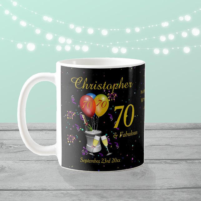 70th Birthday Celebration Sparkling Wine Black Coffee Mug (Creator Uploaded)