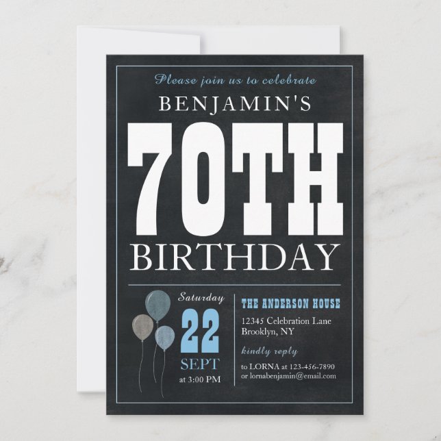 70th Birthday Chalkboard Blue Balloon Rustic Chic Invitation (Front)