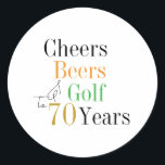 70th Birthday Cheers and Beers Golf Minimal Classic Round Sticker<br><div class="desc">This is a cool and modern, 70th birthday, golf party design. It is a simple, minimal design, in classic black and white with pops of gold, orange and green typography. Perfect for a cool and fun, golf and beer themed, 70th birthday party and is ideal as envelope seals or party...</div>