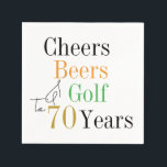 70th Birthday Cheers and Beers Golf Minimal Napkin<br><div class="desc">This is a cool and modern, 70th birthday, golf party design. It is a simple, minimal design, in classic black and white with pops of gold, orange and green typography. Perfect for a cool and fun, golf and beer themed, 70th birthday party. This design is fully customisable, simply use the...</div>