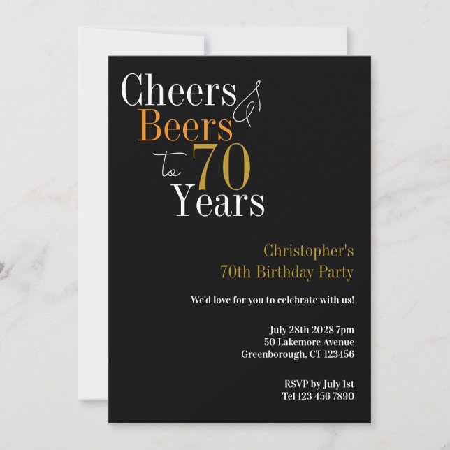 70th Birthday Cheers and Beers Party Invitation (Front)