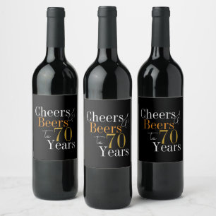 70th Birthday Cheers Beers Black Gold Party Wine Label