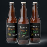 70th Birthday Cheers Beers Golf Black Gold Party Beer Bottle Label<br><div class="desc">This is a cool and modern, 70th birthday, golf party design. It is a simple, minimal design, in classic black and gold typography with pops of orange and green. Perfect for a cool and fun, golf and beer themed, 70th birthday party and ideal as a gift or for party favours....</div>