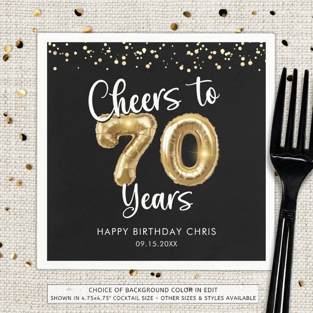 70th Birthday Cheers to 70 Years Black Gold Napkin (Creator Uploaded)